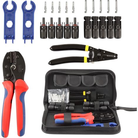 Kit de herramientas para crimpar conectores de cables solares: 1 crimpadora, 1 pelacables, 2 llaves rectas y 5 pares de conectores macho/hembra.