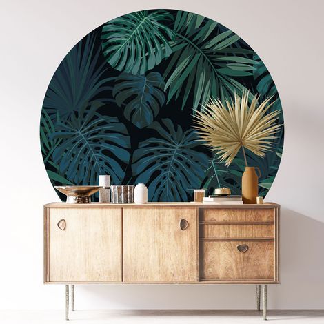 Sticker mural rond / cercle - Motif botanique - Diamètre 60 cm - Adhésif MAT (1/3)
