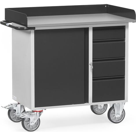 fetra Werkstattwagen, Ladefläche 985 x 590 mm, anthrazitgrau, 1 Türe, 4 Schubladen, Arbeitsfläche mit Rand (1/2)