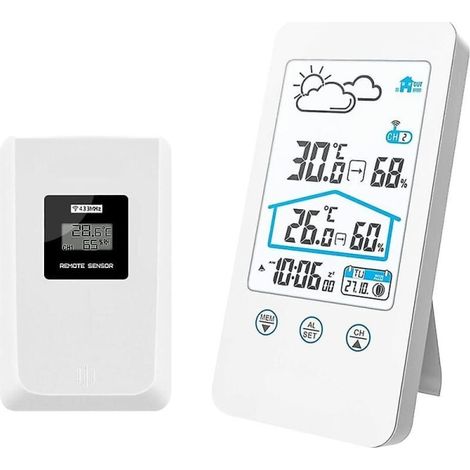 Drahtlose Wetterstation, digitales Innenthermometer, Hygrometer und Barometer, Wetteruhr mit Außensensor (weiß) (1/5)