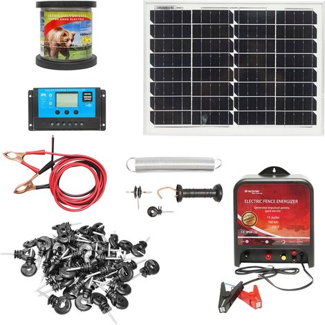 Kit completo per recinzione elettrica 12V, 14 Joule, filo da 1000 m con pannello solare da 20 W e 100 isolatori Breckner Germany (1/5)