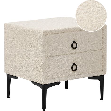 Mesita de noche 2 cajones patas de metal negro bouclé blanco crema Sezanne