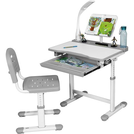Childrens Study Desk & Chair Set Student Height Adjustable Table Grey (1/5)