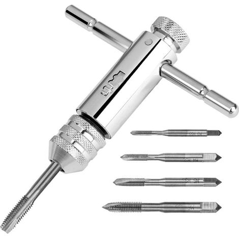 Jeu de 5 tarauds HSS, jeu de tarauds manuels, tarauds métriques M3-M8 à chanfrein + porte-outil à cliquet avec poignée mobile (1/4)