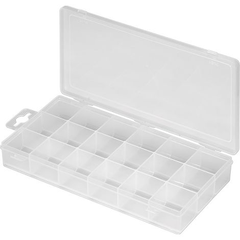 Caja de surtidos con 18 compartimentos, caja de compartimentos con 18 compartimentos fijos.