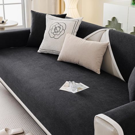90 x 160 cm Corduroy Sofa Cover, Dog Sofa Cover, Textured, Solid, Universal Non-Slip Cover, Various Sizes (Black) (1/5)