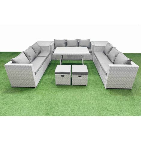 Fimous 11 Seat Outdoor Patio PE Rattan Garden Furniture with Cushions 3 Seater Sofa 2 Side Tables 2 Small Stools Light Grey (1/4)