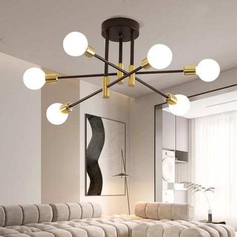 Lustre de plafond industriel 60 W, 6 bases lumineuses, fer forgé noir et doré, E27 sans ampoule, éclairage d'intérieur vintage pour salon, chambre, cuisine, salle à manger, bar, café, diamètre 72 cm (1/5)