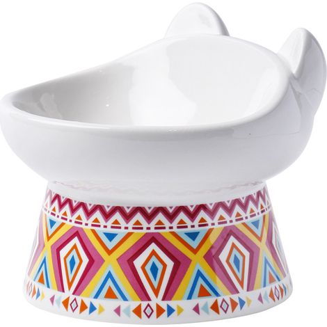Gamelle Chat Céramique Surélevée, Large et Peu Profonde à Bol pour Chat Inclinée avec Support, Anti-Vomissement Idéal, Motif Bohème Rouge (1/5)