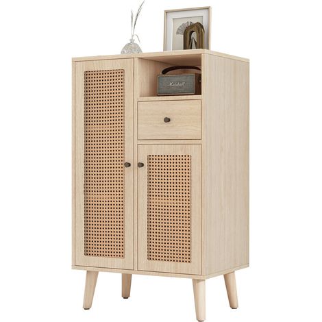 Meuble de rangement vertical 60×40×101 cm – Buffet bois avec portes rotin et tiroir – Idéal comme meuble d’angle ou armoire pratique (1/5)