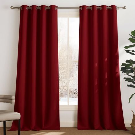 Lot de 2 rideaux occultants thermiques 132x92cm – Isolation lumière UV – Réduction bruit – Décoration chambre salon – Rouge foncé (1/5)