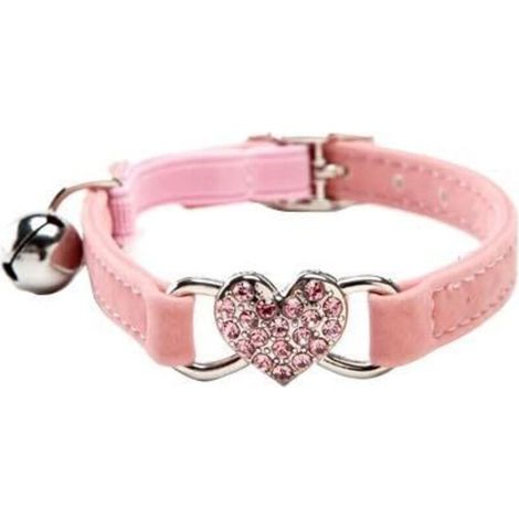 Collier de chat réglable avec breloque cloche et cœur avec pierres de cristal, tissu en velours doux, 8-11" (rose), Fei Yu