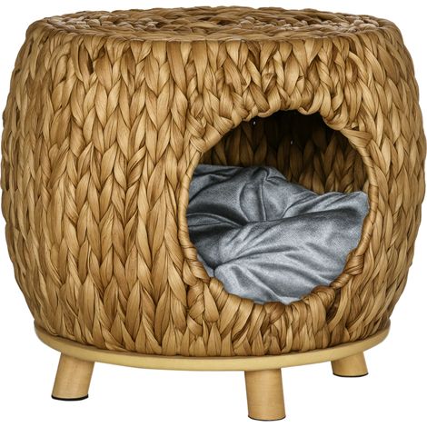 PawHut Wicker Cat Bed Cat House Stool with Washable Cushion, 44 x 43 x 41cm