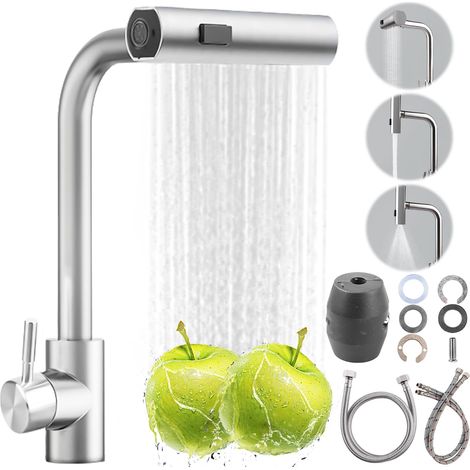 Robinet de cuisine extensible avec douchette extractible, mitigeur d'évier extensible à levier unique avec douchette 3 modes, 1 trou pivotant à 360 °, cascade haute pression, acier inoxydable (1/5)