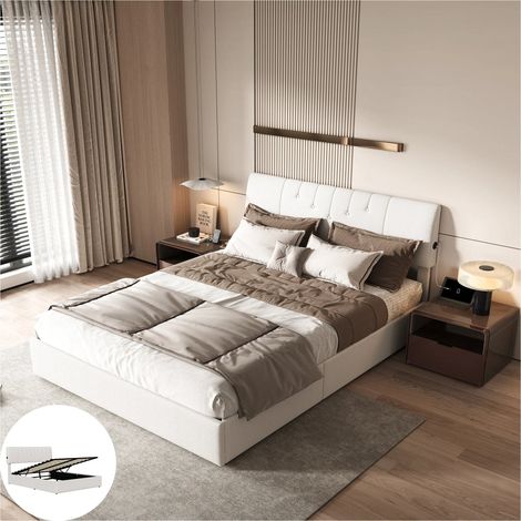 Lit capitonné 140x190 cm avec USB, Lit Double à Rangement Sous Lit, Lit Coffre, Lit 2 Personnes en Velours Teddy, Moderne, Blanc (1/5)