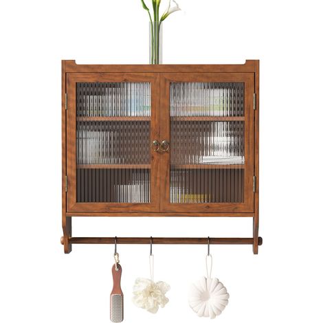 Hängeschrank mit 2 Glastüren und 3 Ebenen, Handtuchhalter, Vintage-Stil, aus Massivholz und MDF, 63×60×18 cm, Braun (1/5)