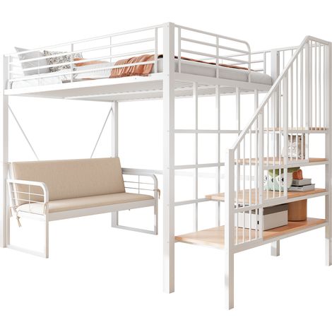Cama alta de metal y MDF blanca 140x200 cm con sofá desmontable y escalera con almacenaje (1/5)