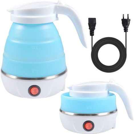 600ml Foldable Kettle - Silicone Electric Kettle with Stainless Steel Bottom - Mini Portable Travel Kettle for Camping, Travel, Holiday - Blue (1/5)