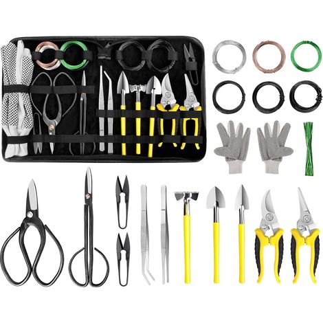 Bonsai 19 Piece Bonsai Tools Kit with Bonsai Scissors, Ligature Wire for Bonsai, Mini Rake and Shovel, Garden Pruning Shears and Garden Glove