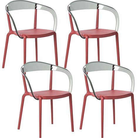 Conjunto de 4 sillas de jardín de plástico material sintético para interior y exterior con reposabrazos comedor rojo Malevizi