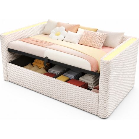 Lit banquette 90x200 cm avec LED multicolore, coffre de rangement hydraulique, sommier à lattes, velours beige, sans matelas, pour chambre enfant – CHICFURN (1/5)
