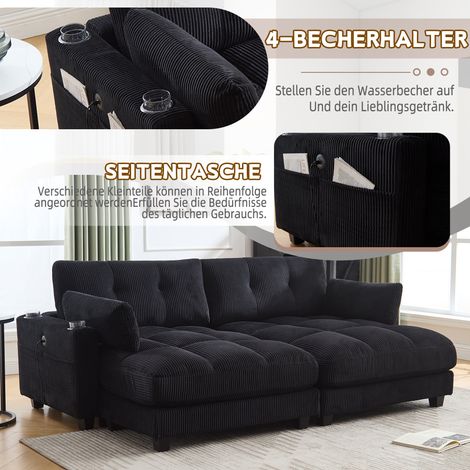 Canapé 2 places velours côtelé noir, séparable en 2 fauteuils, avec 2 coussins, 4 repose-verres, 4 poches latérales, ports USB sur accoudoirs, salon, chambre, bureau (1/5)