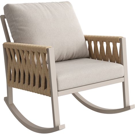 Garten-Schaukelstuhl Schaukelstuhl mit Kissen und Armlehnen aus Seilgeflecht, Gestell aus Eisen Beige 65 × 79 × 78 cm (1/5)