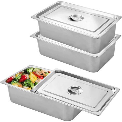 Set of 3 stainless steel breading dishes - 3 GN containers with lids - 32.5 x 17.5 x 6.5 cm - Rectangular - Stainless steel gastronorm container with lid for breading fish,