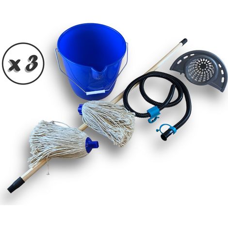Balai à Franges Espagnol Seau 10L Essoreur + Aquafill 2 Serpillières - Quantité x 3 - Ensemble balai espagnol avec Aquafil