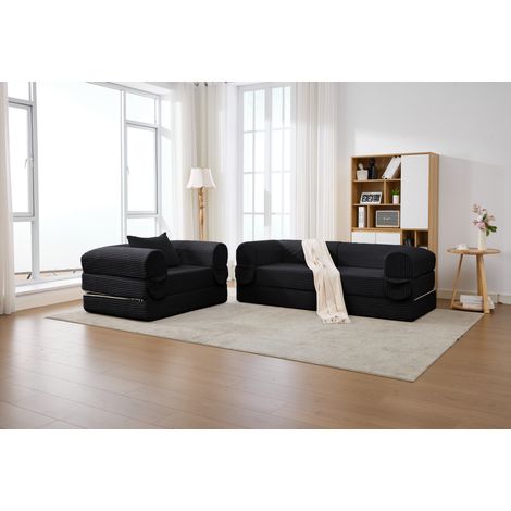 Ensemble de canapés en velours côtelé, canapé 1 place + canapé 2 places, modèle compressé – Dimensions : 190 x 78 x 65 cm + 120 x 85 x 60 cm (1/5)