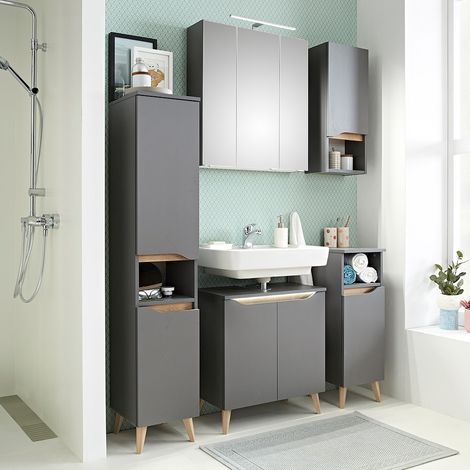 Badezimmer Set mit Füßen in Holzoptik und Griffbeleuchtung QENA-66 in Quarzgrau Matt Touch mit Riviera Eiche Nb., B/H/T ca. 140/190/33 cm (1/5)