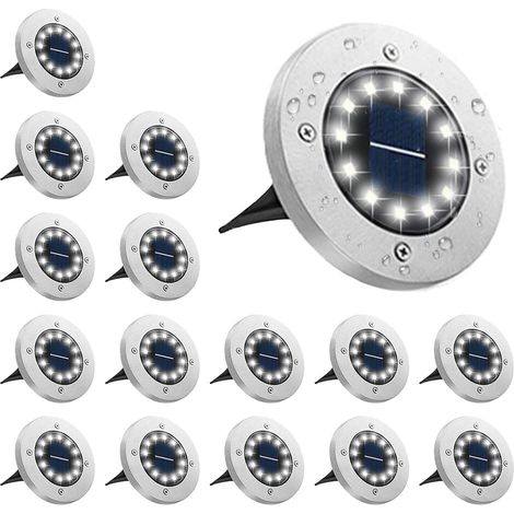Un ensemble de 16 spots solaires encastrables étanches, lumière blanche, 12 LED – 10 heures d'autonomie.