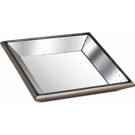 Astor Distressed Mirrored Square Tray W/Wooden Detailing Sml - Glass - L32 x W32 x H5 cm - Brown/Gold