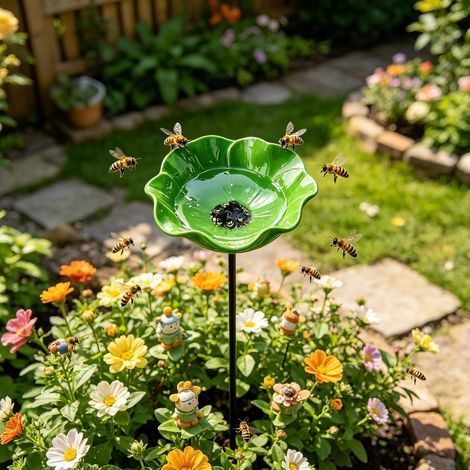 Vogeltränke Blume aus Metall,Handgefertigter Gartenstecker,Winterfeste Vogeltränke & Insektentränke,Bienentränke für Garten und Terrasse,Grün,1er-Pack