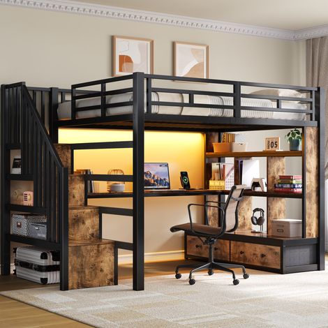 Cama alta 140x200 cm negra de MDF y metal con escritorio, estanterías, cajones, escalera y LED (1/5)