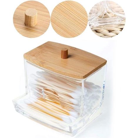 Porte-cotons-tiges avec couvercle en bambou, plateau en acrylique pour cotons, porte-cotons auriculaires, transparent/naturel, 7,2 x 7,9 x 8,8 cm, décoratif, pour boules de coton (1/5)