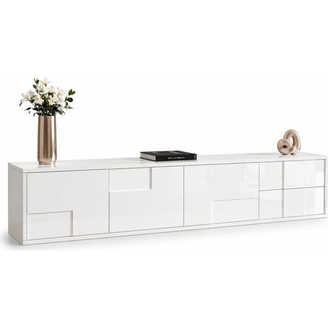 Meuble TV bas blanc 170 cm, suspendu ou posé, effet haute brillance intégrale, sans poignées, 3 portes et 2 tiroirs, grand rangement pour salon moderne - CHICFURN (1/5)