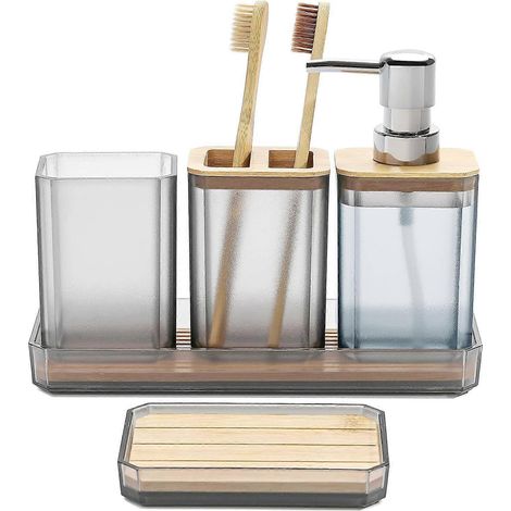 Ensemble d'accessoires de salle de bain, coffret cadeau de 5 pièces : distributeur de savon, porte-savon, porte-brosse à dents, pot à brosse à dents, plateau de toilette, style bohème moderne (1/5)