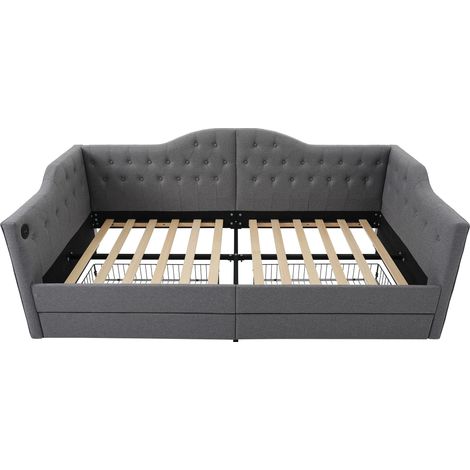Cama banqueta tapizada 90 x 200 cm gris de lino con 2 cajones y USB Type C, sin colchón (1/5)