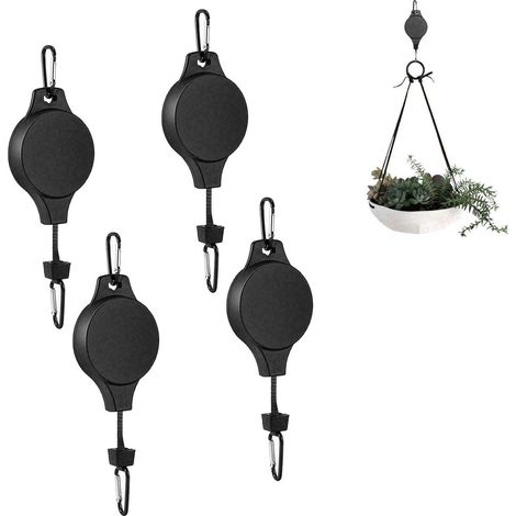 Set mit 4 Hängekorbhaken, inklusive Teleskophaken, Seilen, Rollen und einem Pflanzenhebesystem. Teleskopdesign, geeignet zum Aufhängen von Pflanzen, Blumenampeln, Blumentöpfen und Vogelkäfigen (schwar