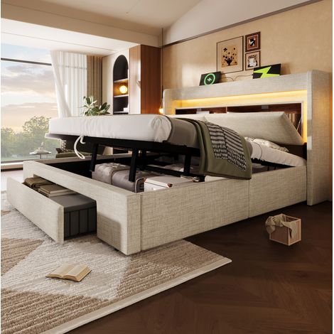 Cama dormitorio con almacenaje LED carga beige lino HAVRYA (1/5)