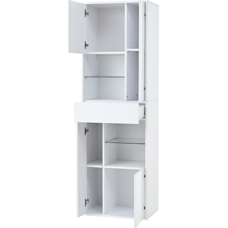 Vitrina alta blanca 55 x 38 x 170 cm con 1 cajón, 4 armarios y LED, acabado alto brillo (1/5)