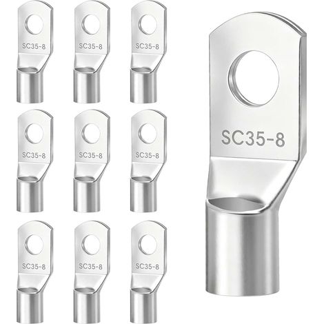 Lot de 10 Cosses de Câble Tubulaires 35mm² M8, Cosse à Sertir a Oeil à Anneau, Diamètre du Trou M8, Extrémités de Câble Batterie Non Isolées, 35mm² Œillet en Cuivre Étamé pour Batterie Voiture Bateau (1/5)