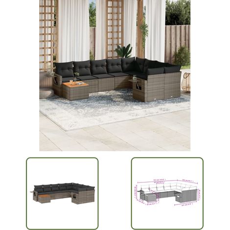 The Living Store 10-tlg. Garten-Sofagarnitur mit Kissen Grau Poly Rattan - Gartenmöbel Set - PE-Rattan Möbel - Outdoor Lounge - Esszimmergarnitur - Balkonmöbel (1/3)