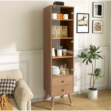 Mueble de almacenaje alto con cristal, 3 estantes regulables, 2 cajones, efecto madera HAVRYA (1/5)
