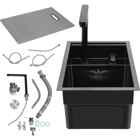 Évier de cuisine en acier inoxydable - Évier invisible pour bar de cuisine et caravane - Avec couvercle - Évier simple avec robinet extensible rabattable - 30 x 45 x 23 cm (orientable) (1/5)
