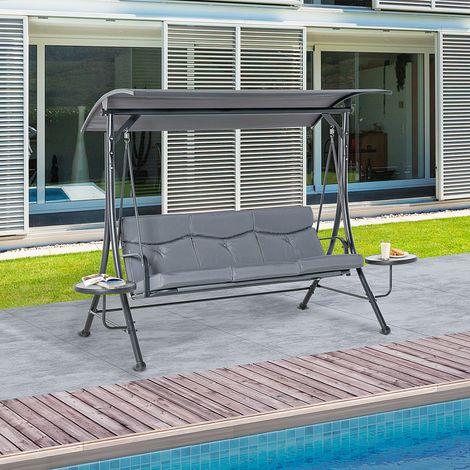 Altalena da giardino Outsunny Hollywood Swing a 3 posti con parasole regolabile e tavolino, in acciaio e poliestere, grigio e nero, 271 x 125 x 177 cm.