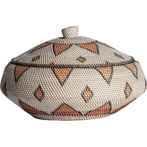 Vase ethnique Zirba en rotin blanc - Beige sable aux motifs ethniques noirs et orangés (1/3)