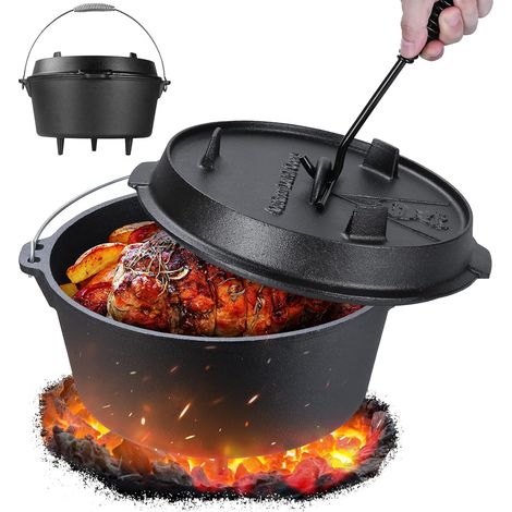 TLGREEN Dutch Oven Set 12.5 Liter, Dutch Oven, Dickem Gusseisen Kochtopf, BBQ Feuertopf, Dutch-Oven mit Füßen, inkl. Deckelheber Spiralförmiger Henkel, für Kochen Braten Backen Indoor Oudoor Camping A (1/5)