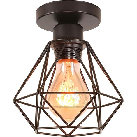 Lustre Plafonnier Industriel Métal Suspension Luminaire Style Cage Géométrique E27 Mini Lampe de Plafond Vintage pour Couloir Entrée, Noir, Ø 16cm (Plafond) (1/5)